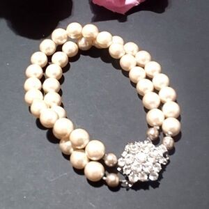 Vintage Double Row Faux Pearl Bracelet Rhinestone Cluster Slide Clasp 8.25"